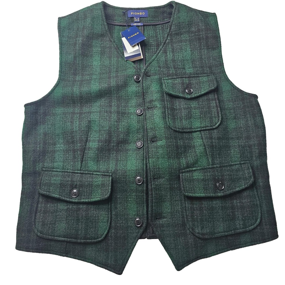 PIOMBO Mens Green Plaid Vest Size XL Button Up